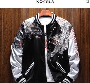Koisea Black & Silver Embroidered Dragon Tiger Bomber Jacket